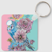 Blue Budgie Roos Flower floral Key Ring Sleutelhanger (Achterkant)