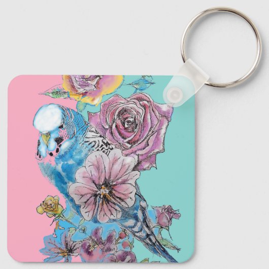 Blue Budgie Roos Flower floral Key Ring Sleutelhanger (Achterkant)