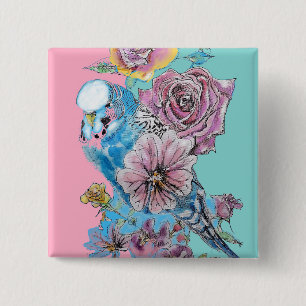 Blue Budgie Roos Flower floral Key Ring Vierkante Button 5,1 Cm