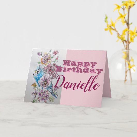 Blue Budgie & Roos Flower Happy Birthday Name Kaar Kaart (Gele Bloem)