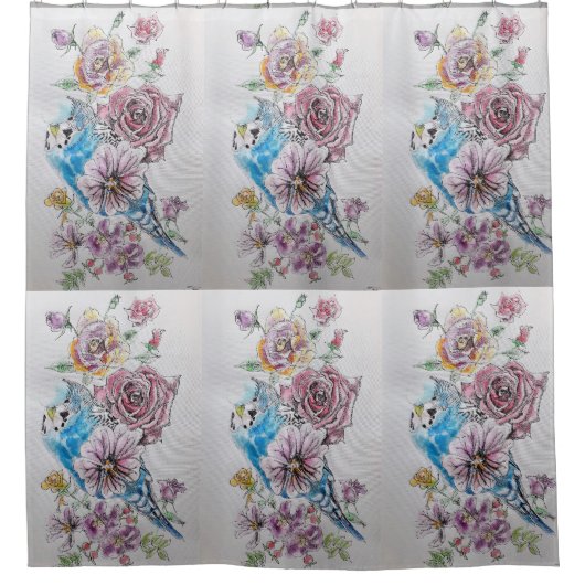 Blue Budgie & Roos rozen Bloemen Douchegordijn (Voorkant)