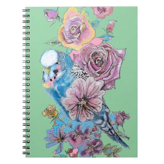 Blue Budgie Roos Waterverf Green Bird Notitieboek (Voorkant)