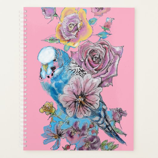Blue Budgie Roos Waterverf Pink Bird Planner (Voorkant)