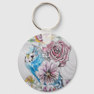 Blue Budgie & Rozen Waterverf Art Key Ring Sleutelhanger