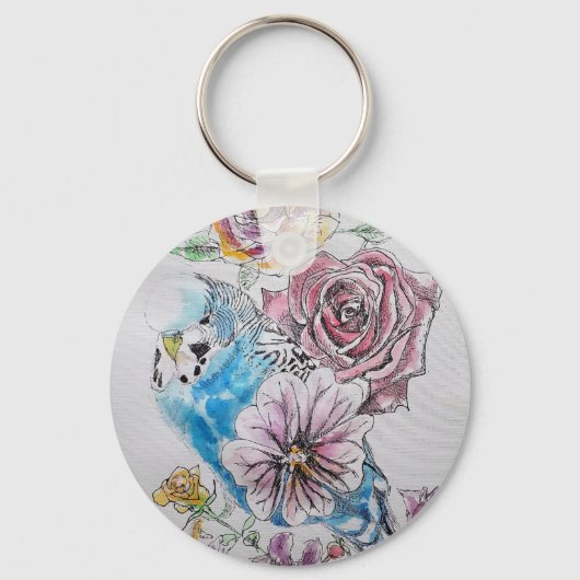 Blue Budgie & Rozen Waterverf Art Key Ring Sleutelhanger (Voorkant)