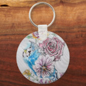 Blue Budgie & Rozen Waterverf Art Key Ring Sleutelhanger (Voorkant)