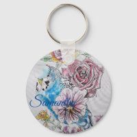Blue Budgie & Rozen Waterverf Girls Name Key Ring