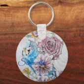Blue Budgie & Rozen Waterverf Girls Name Key Ring Sleutelhanger (Voorkant)