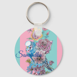 Blue Budgie & Rozen Waterverf Girls Name Key Ring Sleutelhanger