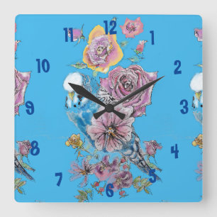 Blue Budgie Waterverf Azure Womans Kantoor Clock Vierkante Klok
