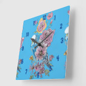Blue Budgie Waterverf Azure Womans Kantoor Clock Vierkante Klok (Hoek)