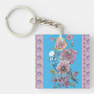 Blue Budgie Waterverf floral Dames Key Ring Sleutelhanger
