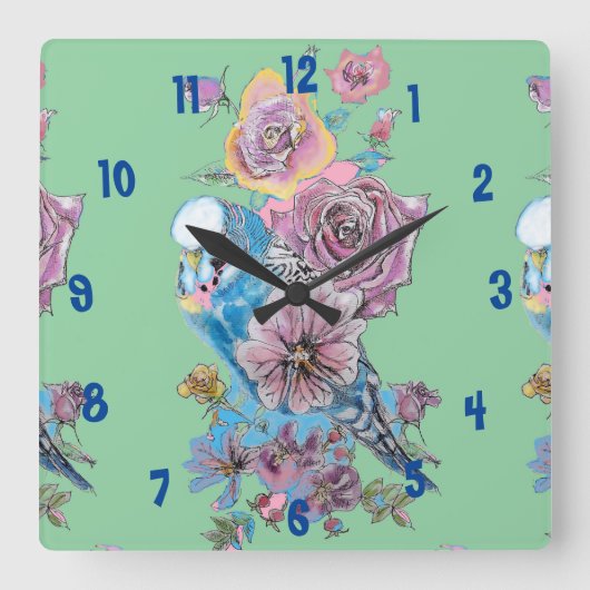 Blue Budgie Waterverf Green Womans Kantoor Clock Vierkante Klok (Voorkant)