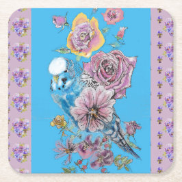 Blue Budgie Waterverf Lila floral Paper Onderzette Kartonnen Onderzetters