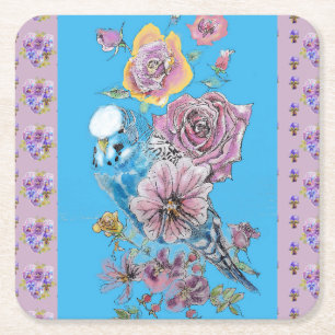 Blue Budgie Waterverf Lila floral Paper Onderzette Kartonnen Onderzetters