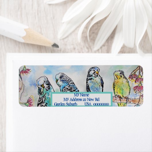 Blue Budgies Waterverf Return Address Labels (Insitu)