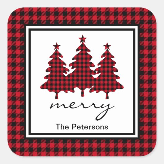 Blue Buffalo Check Pine Trees gepersonaliseerd Vierkante Sticker (Voorkant)