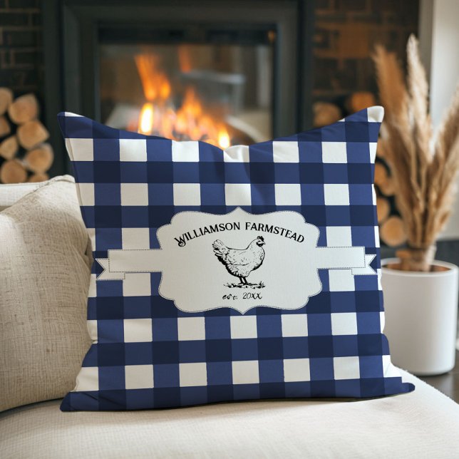 Blue Buffalo Plaid Boerderij Kip Sierkussen (Blue Buffalo Plaid Farm Chicken Throw Pillow)