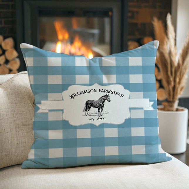 Blue Buffalo Plaid Boerderij Kussen (Blue Buffalo Plaid Farm Horse Throw Pillow)