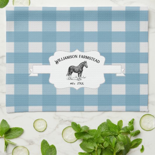 Blue Buffalo Plaid Boerderij Paard Keukenhanddoek (Gevouwen)