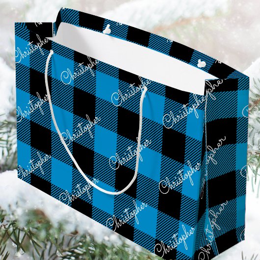 Blue Buffalo Plaid Custom Name Rustic Christmas Groot Cadeauzakje