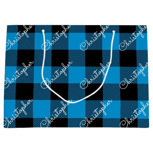 Blue Buffalo Plaid Custom Name Rustic Christmas Groot Cadeauzakje (Voorkant)