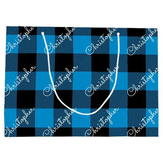 Blue Buffalo Plaid Custom Name Rustic Christmas Groot Cadeauzakje (Achterkant)