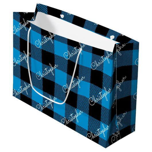Blue Buffalo Plaid Custom Name Rustic Christmas Groot Cadeauzakje (Voorkant Gekanteld)