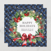 Blue Buffalo Plaid Holly Berries Sterren Bedrijf Feestdagenkaart (Voorkant / Achterkant)