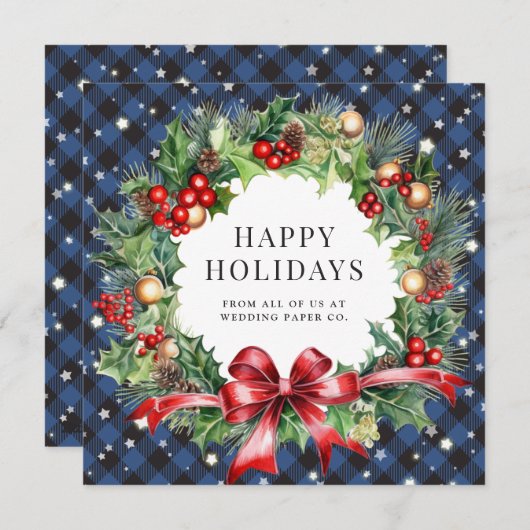 Blue Buffalo Plaid Holly Berries Sterren Bedrijf Feestdagenkaart (Voorkant / Achterkant)