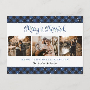 Blue Buffalo Plaid Married and Merry Passen getrou Feestdagenkaart