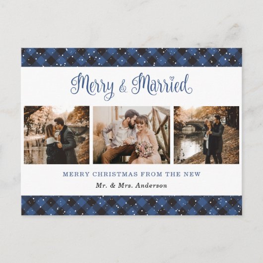 Blue Buffalo Plaid Married and Merry Passen getrou Feestdagenkaart (Voorkant)