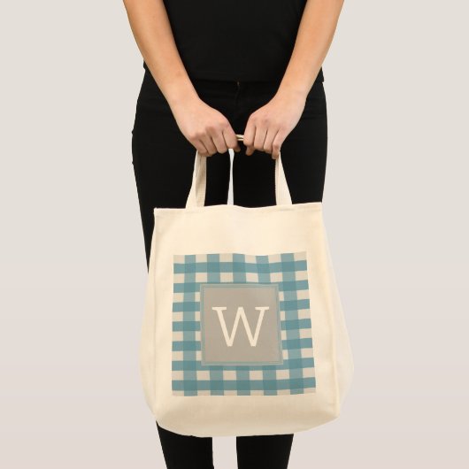Blue Buffalo Plaid Monogram Schoudertas Tote Bag (Voorkant (product))