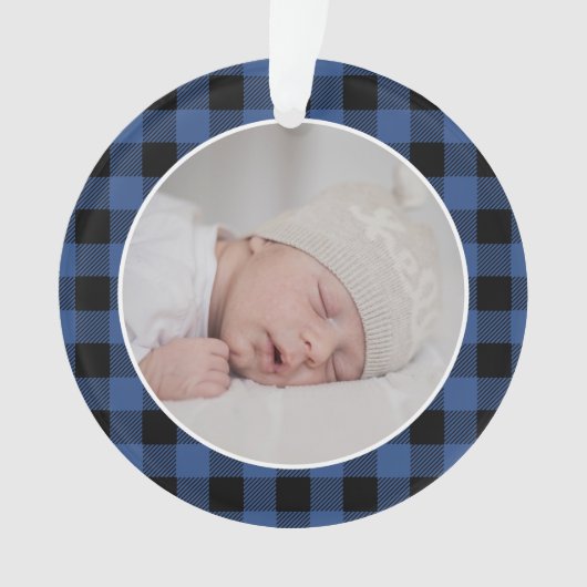 BLUE BUFFALO PLAID NAME Photo Christmas Keepsake Ornament (voorkant)