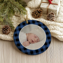 BLUE BUFFALO PLAID NAME Photo Christmas Keepsake