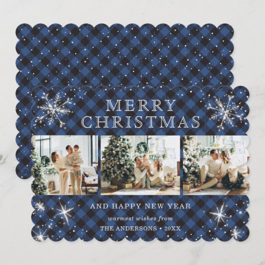 Blue Buffalo Plaid Snowflake 3 Fotocollage Feestdagenkaart (Voorkant / Achterkant)