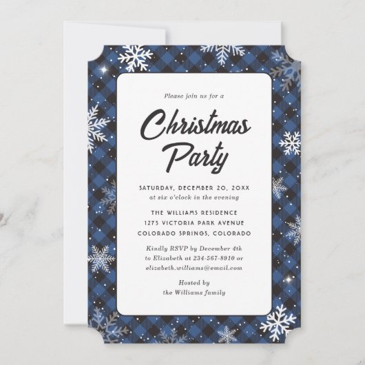 Blue Buffalo Plaid Snowflake Christmas Party Kaart (Voorkant)