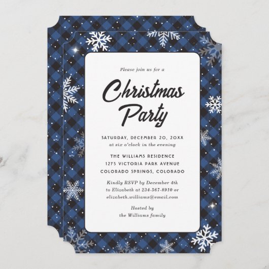 Blue Buffalo Plaid Snowflake Christmas Party Kaart (Voorkant / Achterkant)