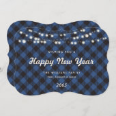 Blue Buffalo Plaid String Lights New Year Card Feestdagenkaart (Voorkant / Achterkant)