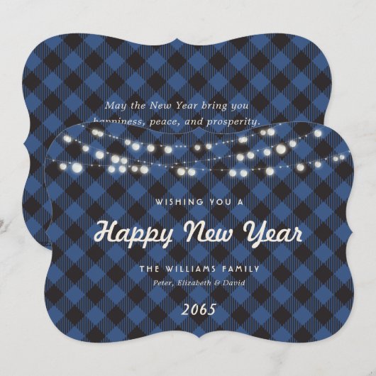 Blue Buffalo Plaid String Lights New Year Card Feestdagenkaart (Voorkant / Achterkant)