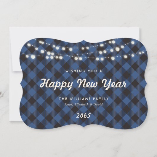 Blue Buffalo Plaid String Lights New Year Card Feestdagenkaart (Voorkant)
