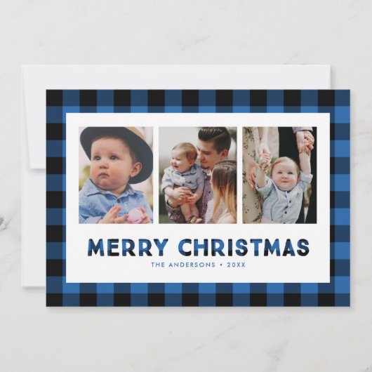 Blue Buffalo Plaid Triptych Kerst Foto Kaart (Voorkant)