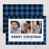 Blue Buffalo Plaid Triptych Kerst Foto Kaart (Voorkant / Achterkant)