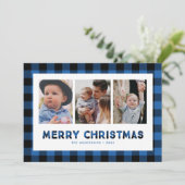 Blue Buffalo Plaid Triptych Kerst Foto Kaart (Staand voorkant)