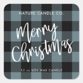 Blue Buffalo Plaid Vrolijke Kerstkaars Vierkante Sticker (Voorkant)