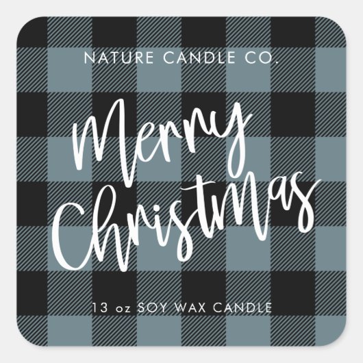 Blue Buffalo Plaid Vrolijke Kerstkaars Vierkante Sticker (Voorkant)