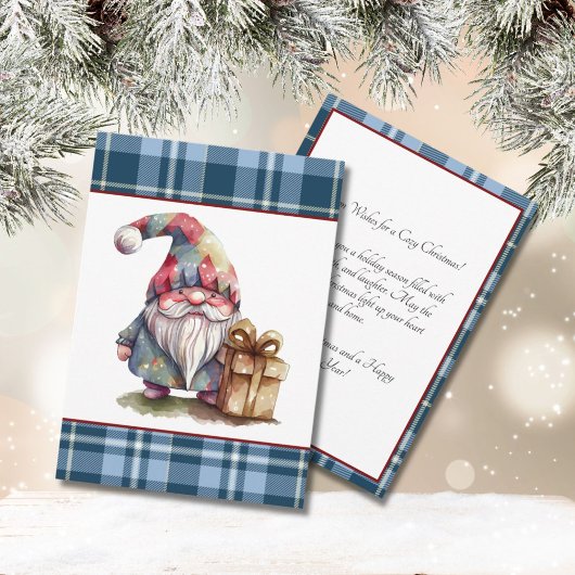 Blue Buffalo Plaid Waterverf Gnome Feestdagenkaart