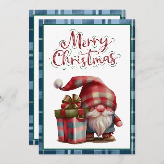  Blue Buffalo Plaid Waterverf Red Gnome Feestdagenkaart (Voorkant / Achterkant)
