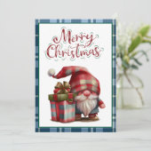  Blue Buffalo Plaid Waterverf Red Gnome Feestdagenkaart (Staand voorkant)