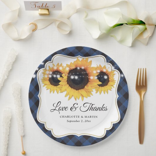 Blue Buffalo Plaid Zonnebloem Bloemen Huwelijk Papieren Bordje (Huwelijk)
